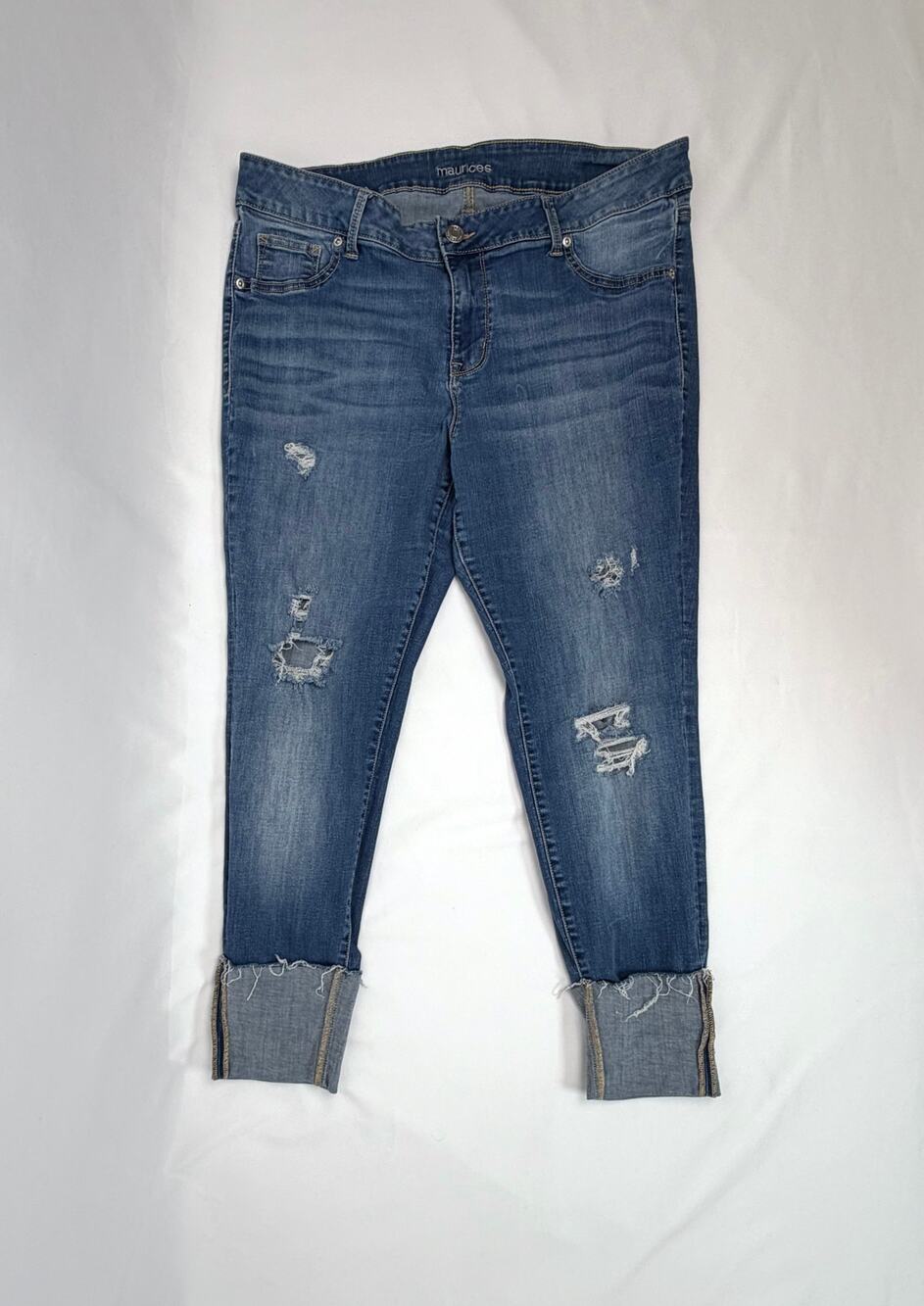 Maurices Womens Jeans 16W Regular Distressed Ripped Cuffed Stretch Denim Blue